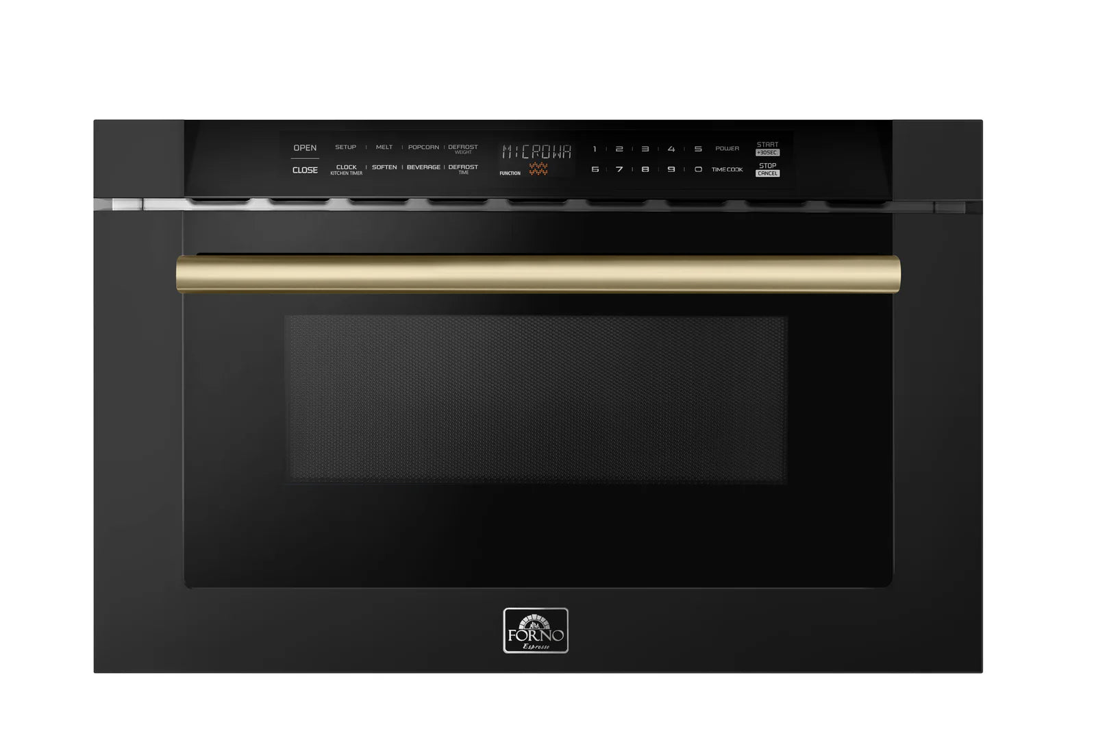 Forno 24 Inch Built-In Microwave Drawer in Black with Antique Brass Finish - FMWDR3000BLK | Perfect for Modern Kitchens, Small Spaces & Luxury Home Upgrades