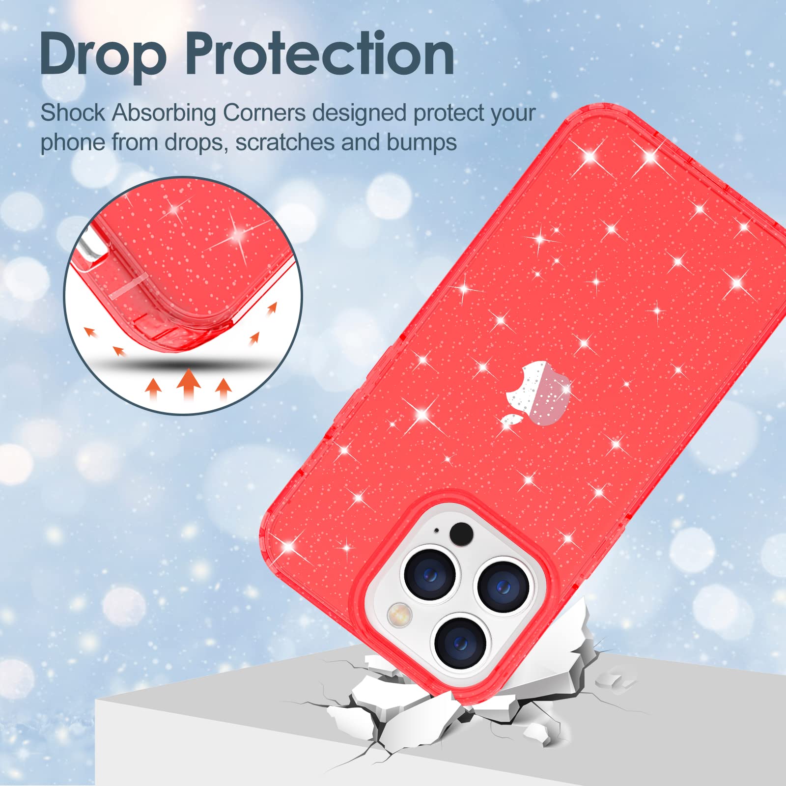 Hython Glitter Case for iPhone 13 Pro Max - Sparkly Clear Bling Shockproof Protective Cover | Anti-Scratch Hard PC Slim Fit Phone Case for Women & Girls (Red Glitter) | Perfect for Everyday Use, Parties & Gifts