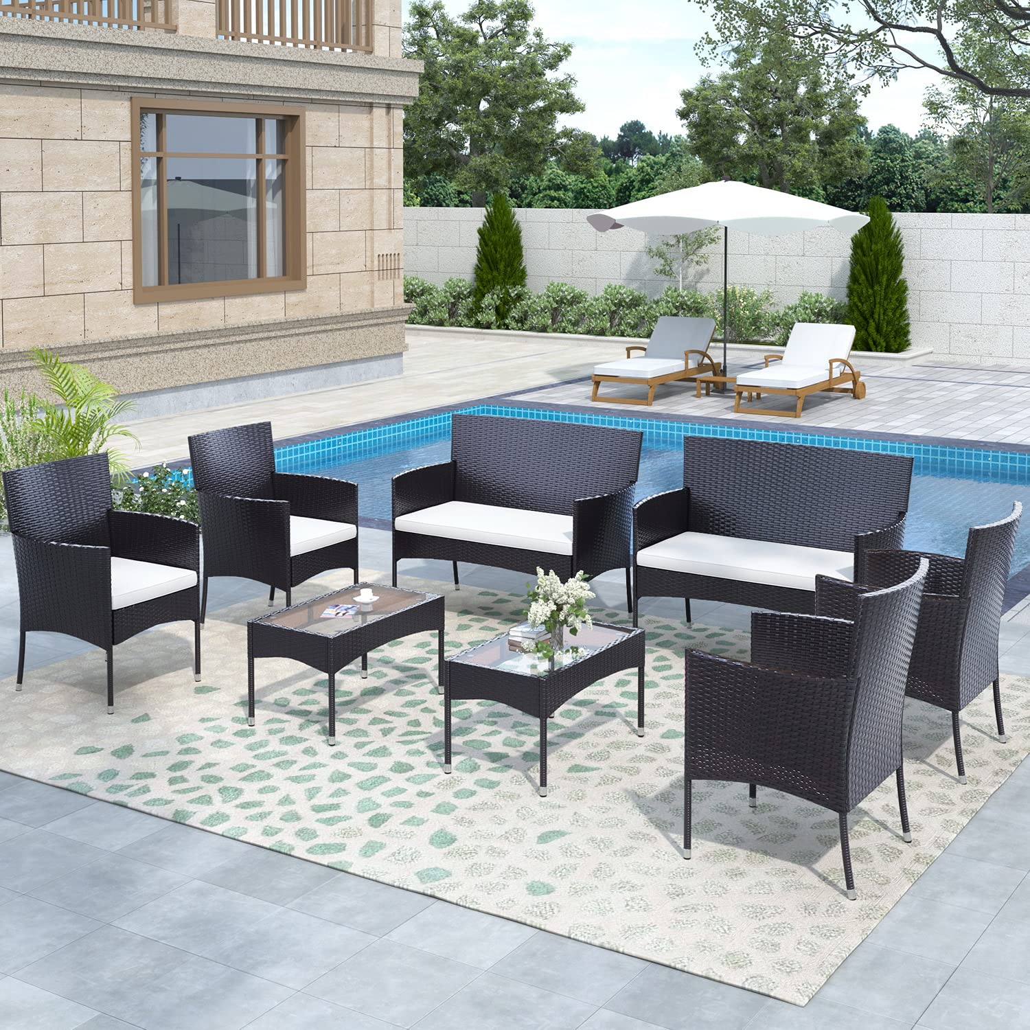 8-Piece Outdoor Patio Furniture Set - PE Wicker Rattan Sectional Sofa with Coffee Table & Cushions - Brown Garden Conversation Set for Poolside, Backyard, Porch & Outdoor Living Spaces
