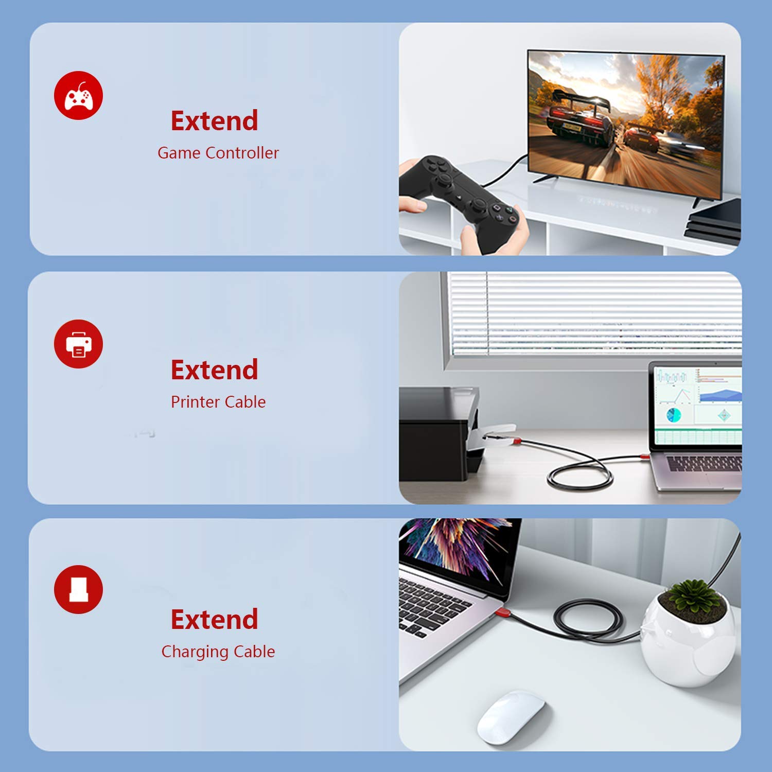 Larxavn USB 3.0 Extension Cable 2ft - Fast Data Transfer for Hard Drive, Keyboard & More