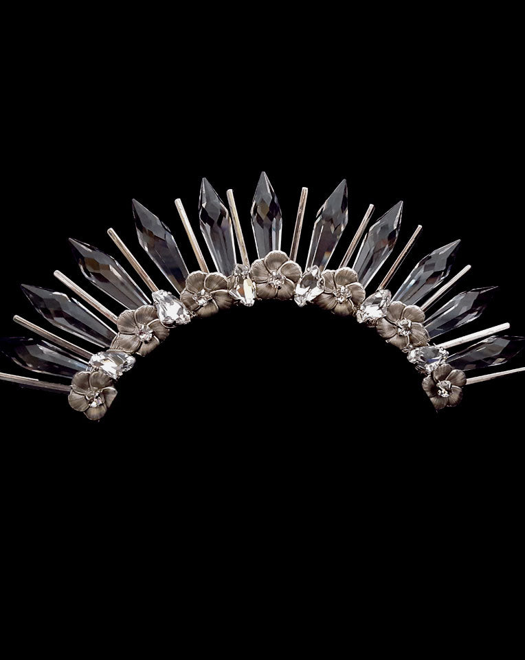 Elegant Bridal Headpiece - Sparkling Spike Halo Crown with Floral Detailing | The Metacular by Kezani | Perfect for Weddings, Prom, and Special Occasions