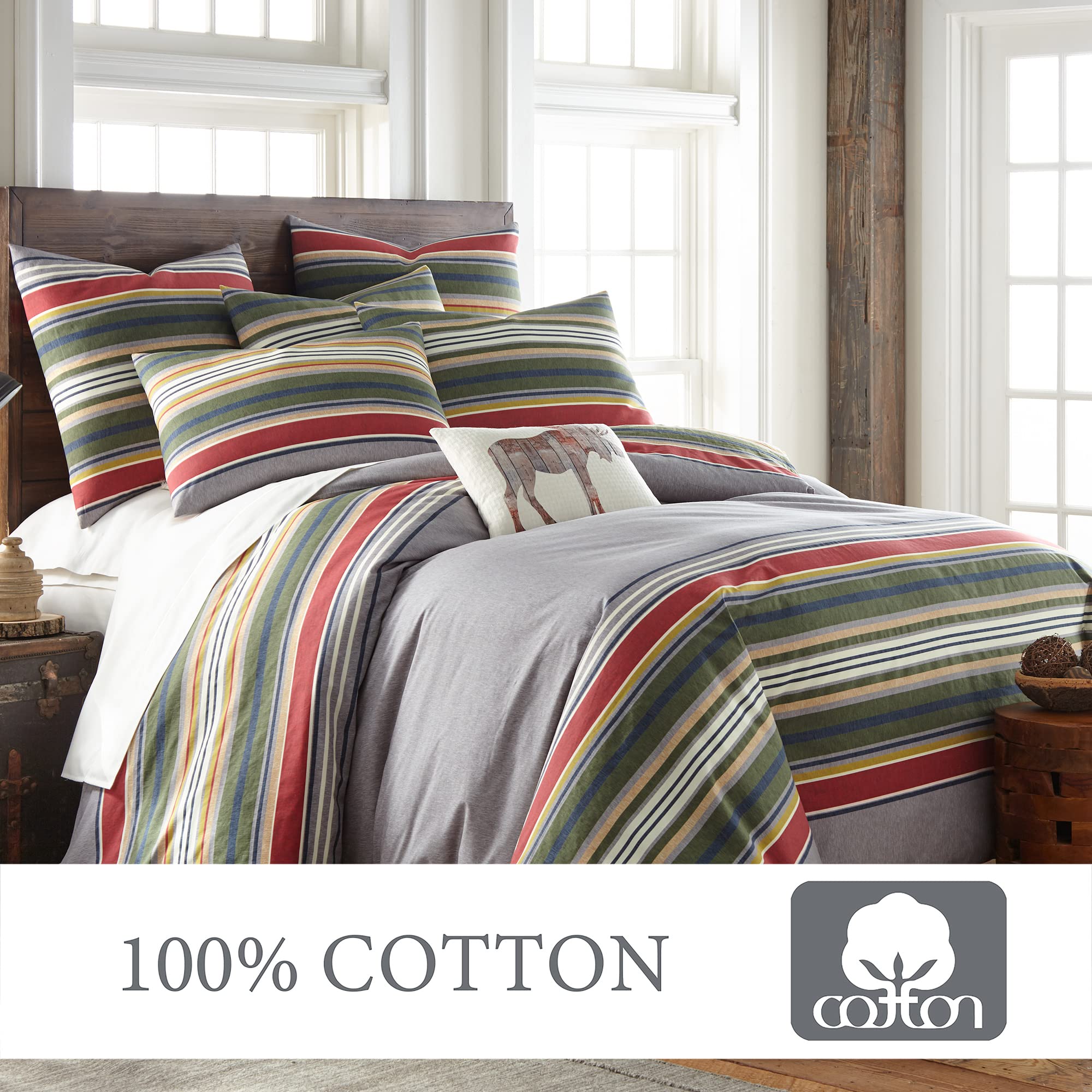 Levtex Home Manta Duvet Cover Set - Full/Queen Size 92x96 Inches with 2 Standard Pillowcases 26x20 Inches - Soft Cotton Bedding in Navy Blue, Burgundy & Green Stripes - Perfect for Master Bedroom, Guest Room & Coastal Decor
