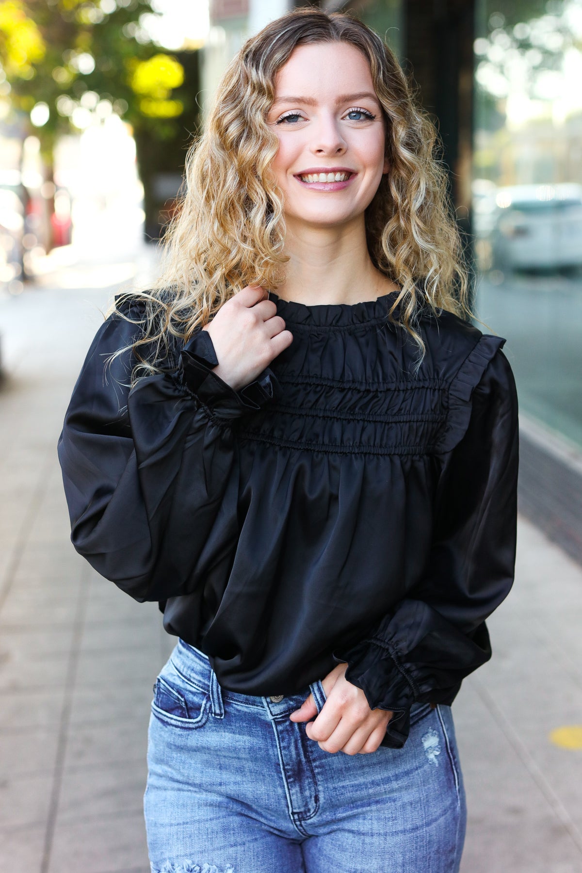 Black Satin Shirred Yoke Frilled Mock Neck Top for Women - Elegant Party & Evening Wear