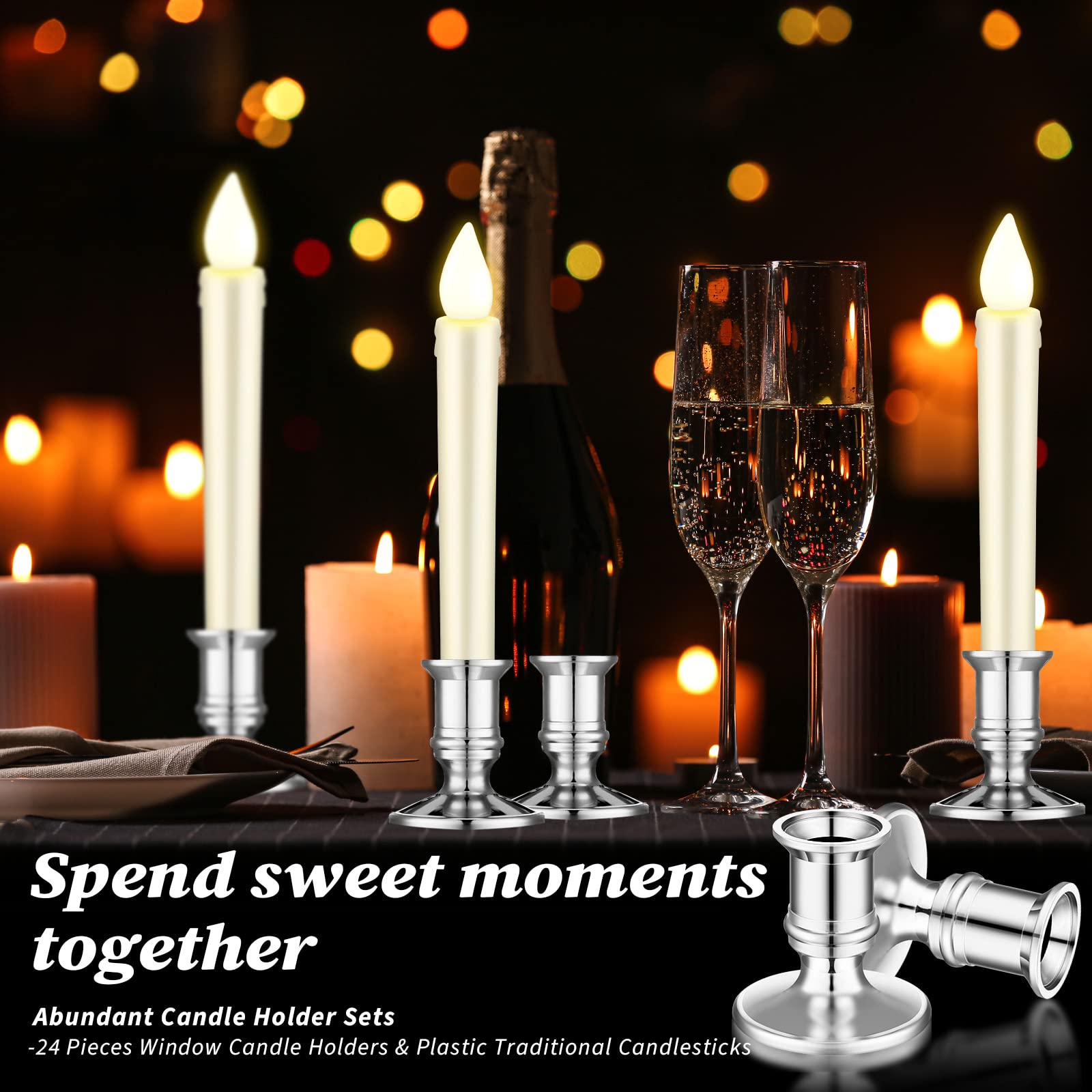 Silver Plastic Flameless LED Taper Candle Holders - 24 Pack Traditional Candlesticks for Halloween, Christmas, Wedding & Dinner Table Decor - Perfect for Centerpieces, Holiday Lighting and Romantic Ambiance
