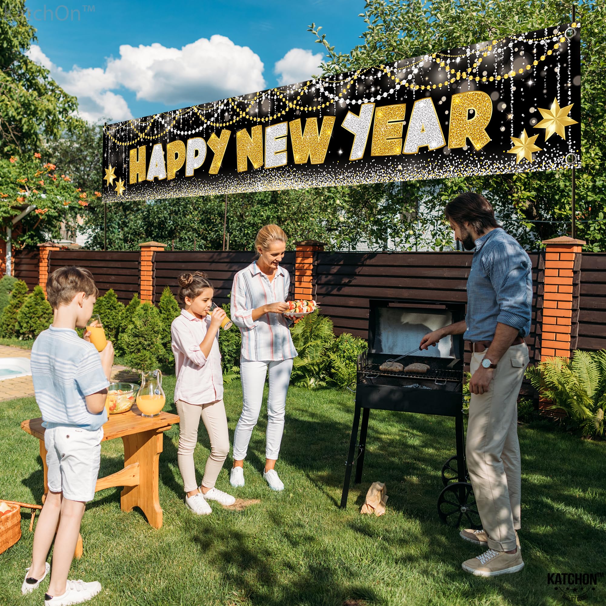 KatchOn 2025 Happy New Year Banner - Extra Large 120x20 Inch NYE Yard Sign | Outdoor & Indoor New Year's Eve Party Decorations 2025 | Durable Vinyl New Years Banner for Backyard, Front Lawn & NYE Party Supplies | Perfect for Home, Office & Holiday Celebrations