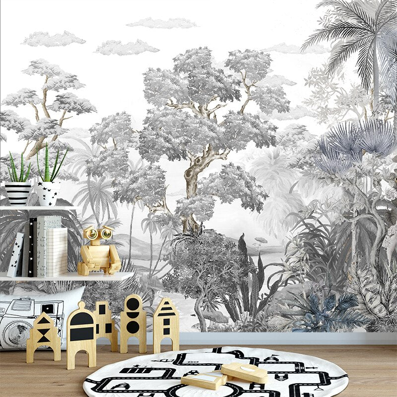 Elegant Black and White Jungle Mural Wallpaper - Nature-Inspired Peel and Stick Wall Decor for Living Room, Bedroom, Nursery | Perfect for Boho, Safari or Tropical Theme Rooms