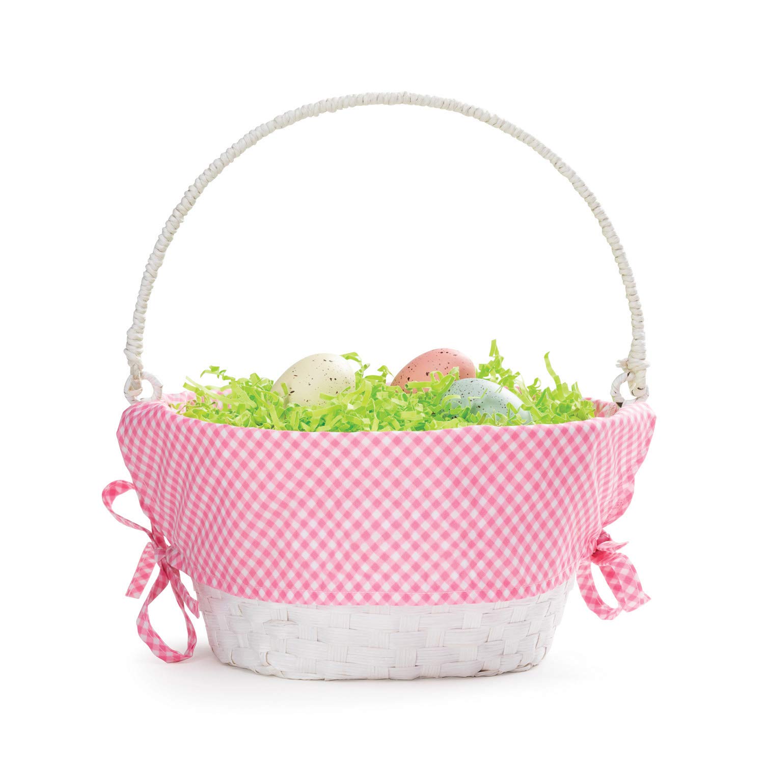Personalized Easter Basket with Handle - Custom Name Pink Gingham Liner & White Woven Design | Easter Egg Basket for Kids & Adults | Perfect Easter Gift for Egg Hunts, Church Events & Spring Celebrations