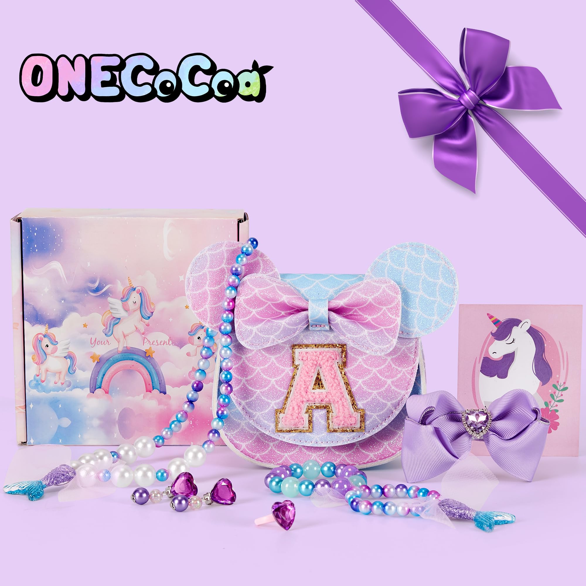 **Adorable Mermaid Toddler Purse Set for Girls Age 3-8 - Princess Dress Up Jewelry & Mini Mouse Ears - Perfect Birthday Gift for Little Girls (Mermaid Purple) - Ideal for Birthday Parties, Dress Up Play & Pretend Play**