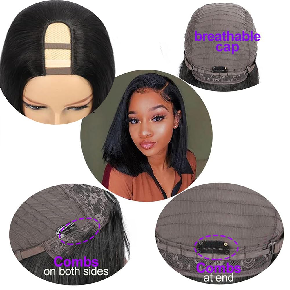10inch Brazilian Remy Human Hair U Part Wig - Straight Bob Wig for Black Women | Clip-in Hair Extensions | Natural Black Color | Perfect for Daily Wear, Parties & Special Occasions