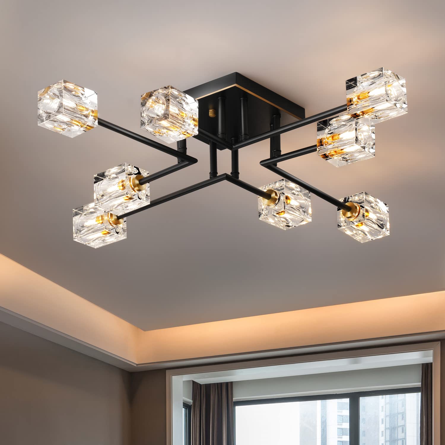 8-Lights Semi Flush Mount Ceiling Light Fixture - Black and Gold Modern Crystal Chandelier - Farmhouse Lighting for Dining Room, Living Room, Kitchen, Bedroom, Entryway - Perfect for Home Decor, Wedding Venues & Restaurants