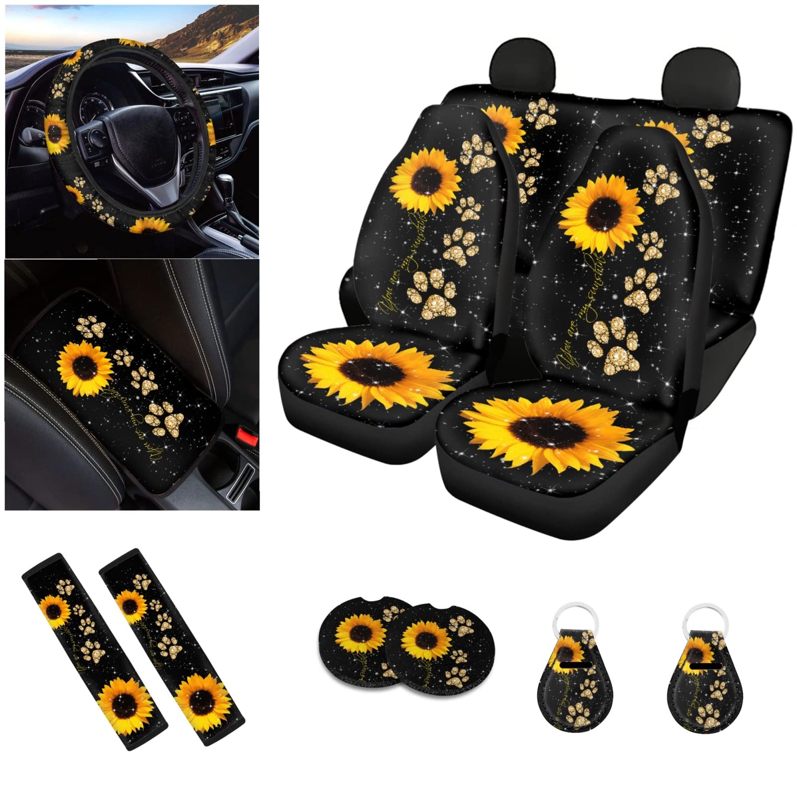 Sunflower with Paws Car Seat Covers Full Set - Neoprene Steering Wheel Cover, Armrest Pads & Seat Belt Cushions - Cute Floral Car Accessories for Women - Perfect for Daily Commute & Road Trips