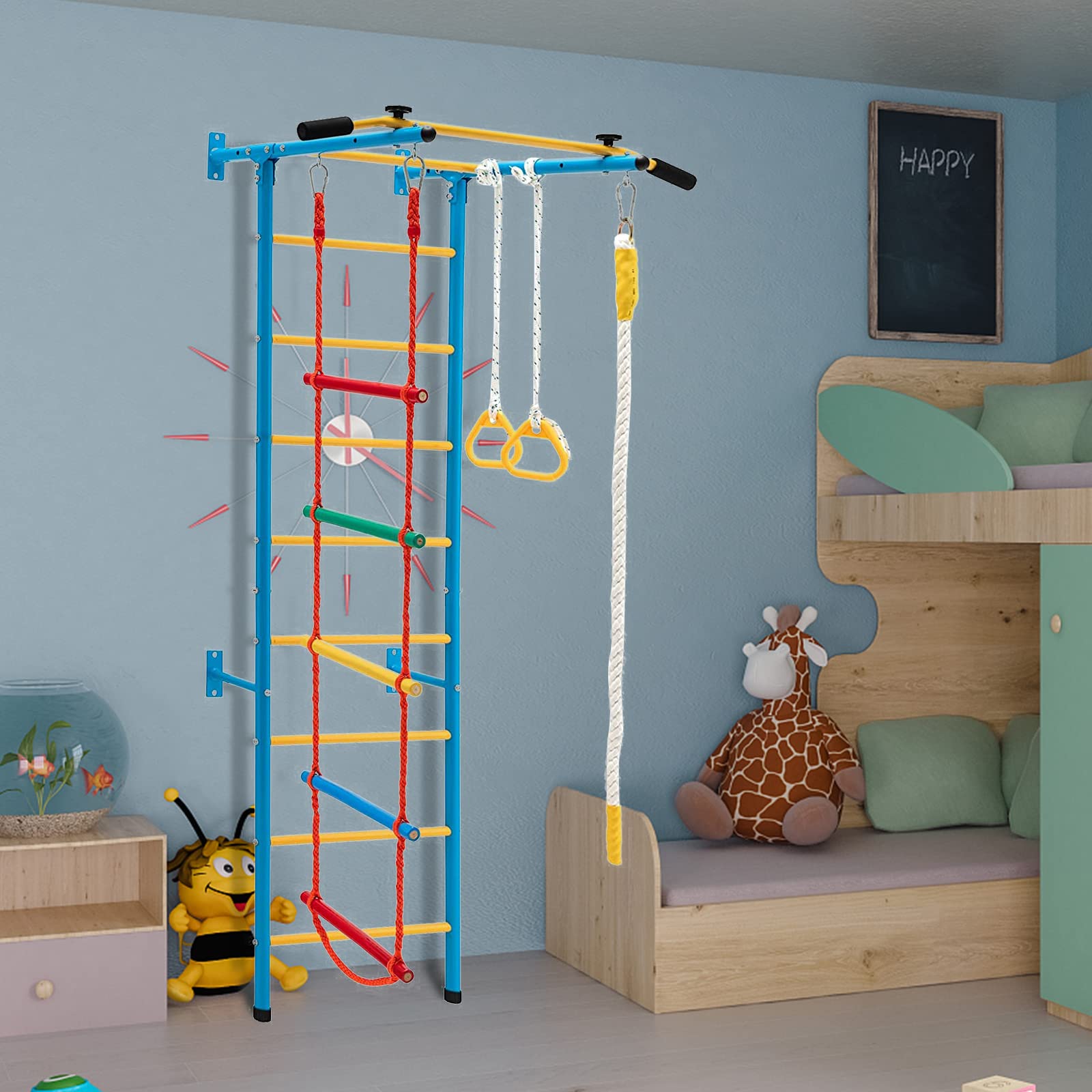 Tongmo Kids Climbing Toys - Indoor Metal Gym Set for Exercise & Play | Includes Rope Ladder, Pull-up Bar, Wall Ladder, Gymnastic Rings | Perfect for Home Playrooms, Backyard Fun & Toddler Physical Development