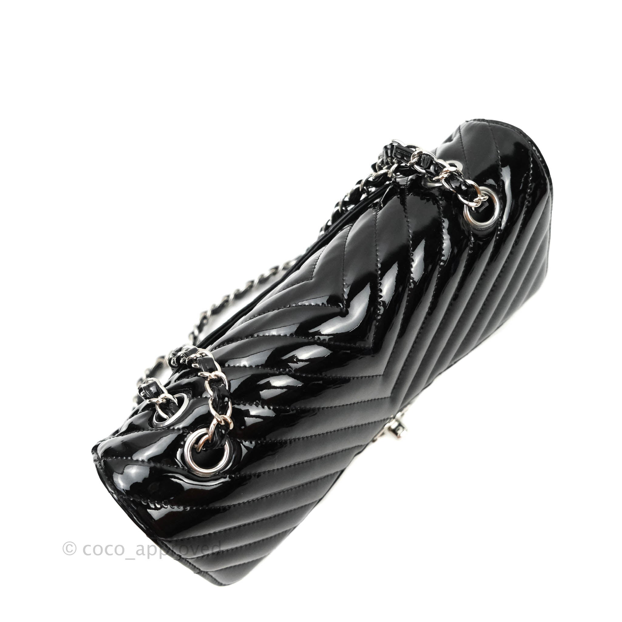 Chanel Classic Chevron M/L Medium Double Flap Bag - Black Patent Leather with Silver Hardware | Luxury Designer Handbag for Women, Perfect for Work, Evening Events & Special Occasions