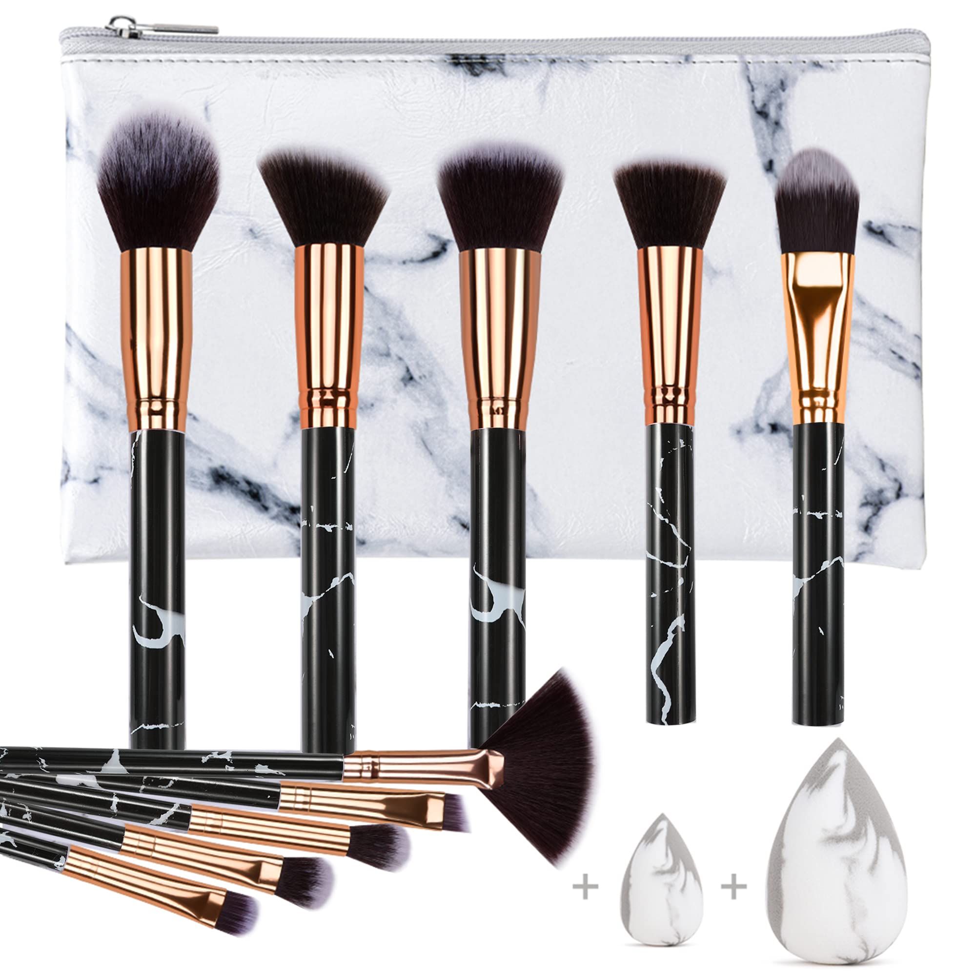 Professional Marble Makeup Brush Set - 10pcs Soft Synthetic Bristles with 2 Sponges & Cosmetic Bag | Odor-Free, Vegan & Cruelty-Free Makeup Tools for Foundation, Blending, Contouring | Perfect for Travel & Professional Makeup Artists (Black)