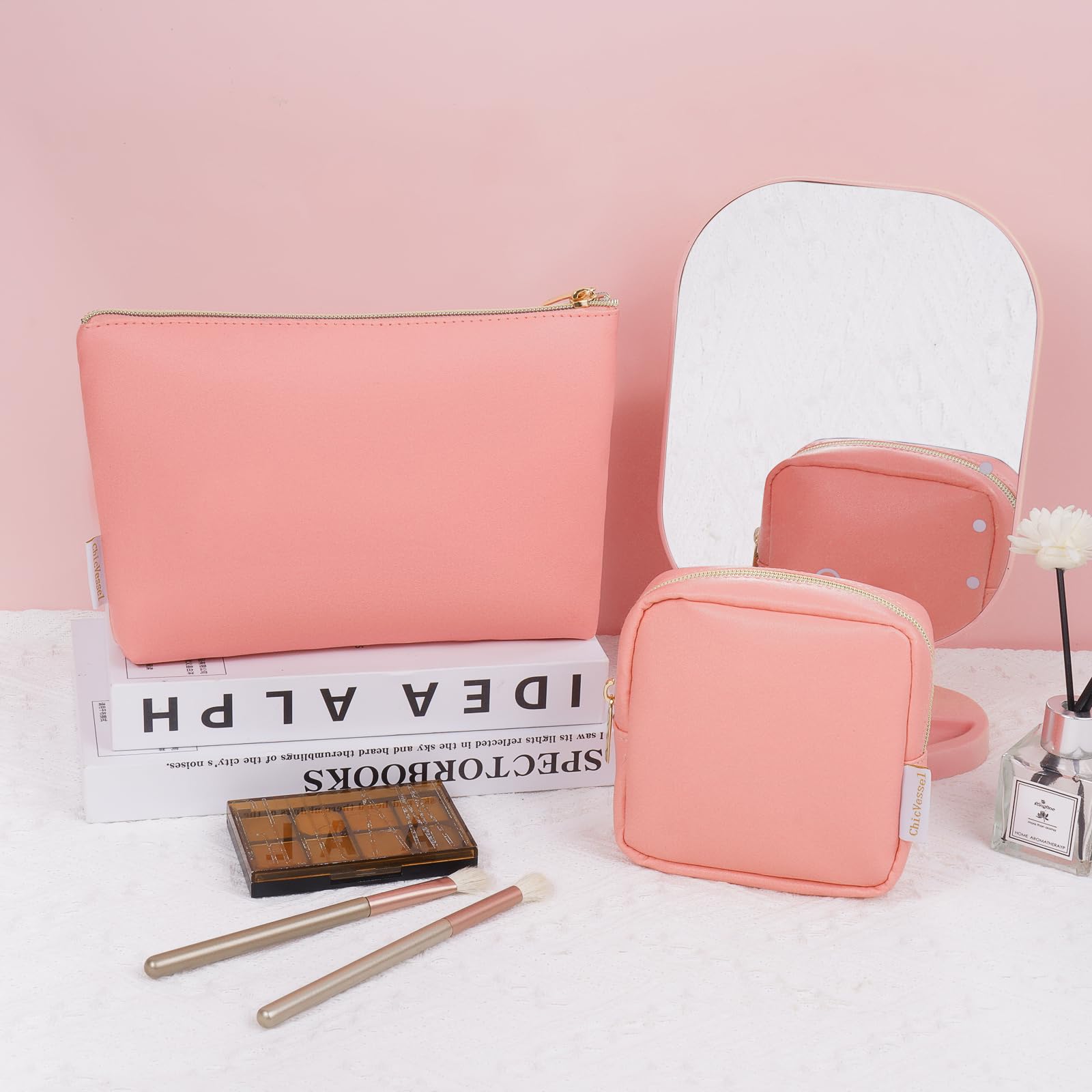 2 Pcs Travel Makeup Bag Set - PU Leather Cosmetic Pouch, Portable Small Makeup Organizer for Purse (Pink) | Perfect for Travel, Gym & Daily Essentials Storage