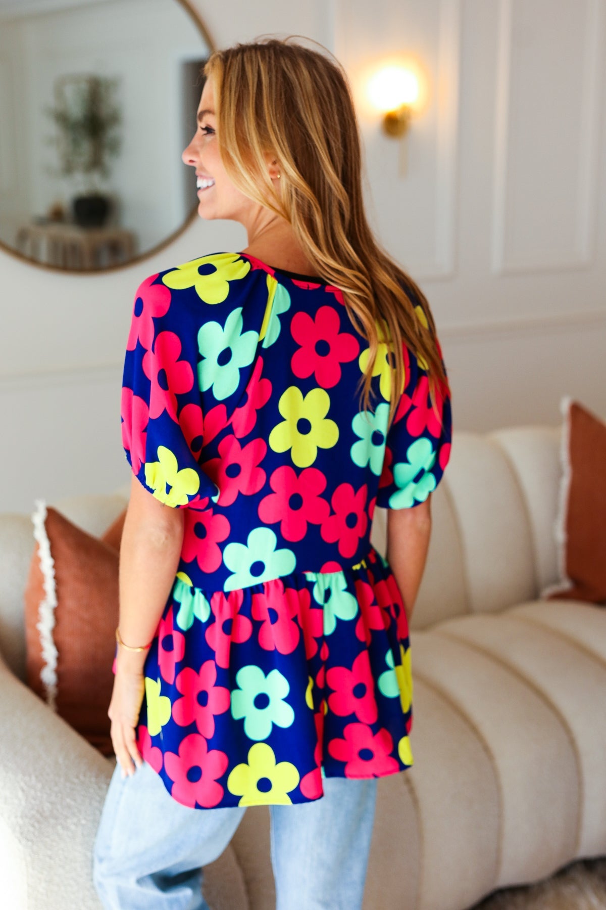 Haptics Navy Blue Floral Print Bubble Sleeve Babydoll Raglan Top - Casual Chic Blouse for Women, Perfect for Date Nights & Summer Outfits