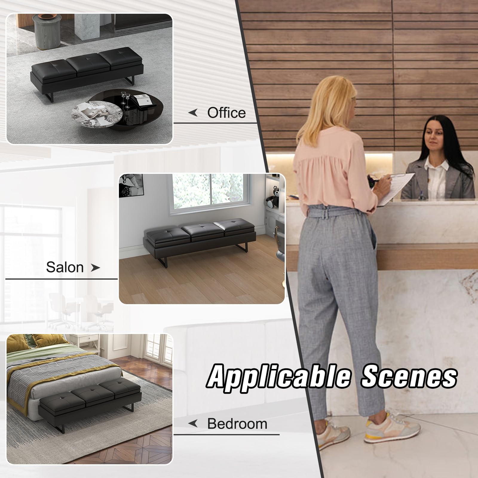 JSUN7 3-Seater Leather Reception Bench with Cushion - Upholstered Waiting Room Seating for Office, Salon, Shop & Lobby - Durable Guest Chairs for Comfortable Waiting Areas (Black) - Perfect for Reception Areas, Waiting Rooms & Commercial Spaces
