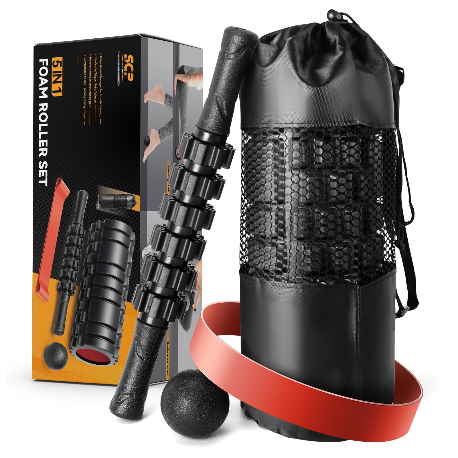 5-in-1 Foam Roller Set for Deep Tissue Massage - Trigger Point Foam Roller, Massage Roller Stick, Massage Ball & Resistance Band - Perfect for Yoga, Pilates, Fitness & Full Body Workout (Black-Red) - Home Gym & Physical Therapy Essential