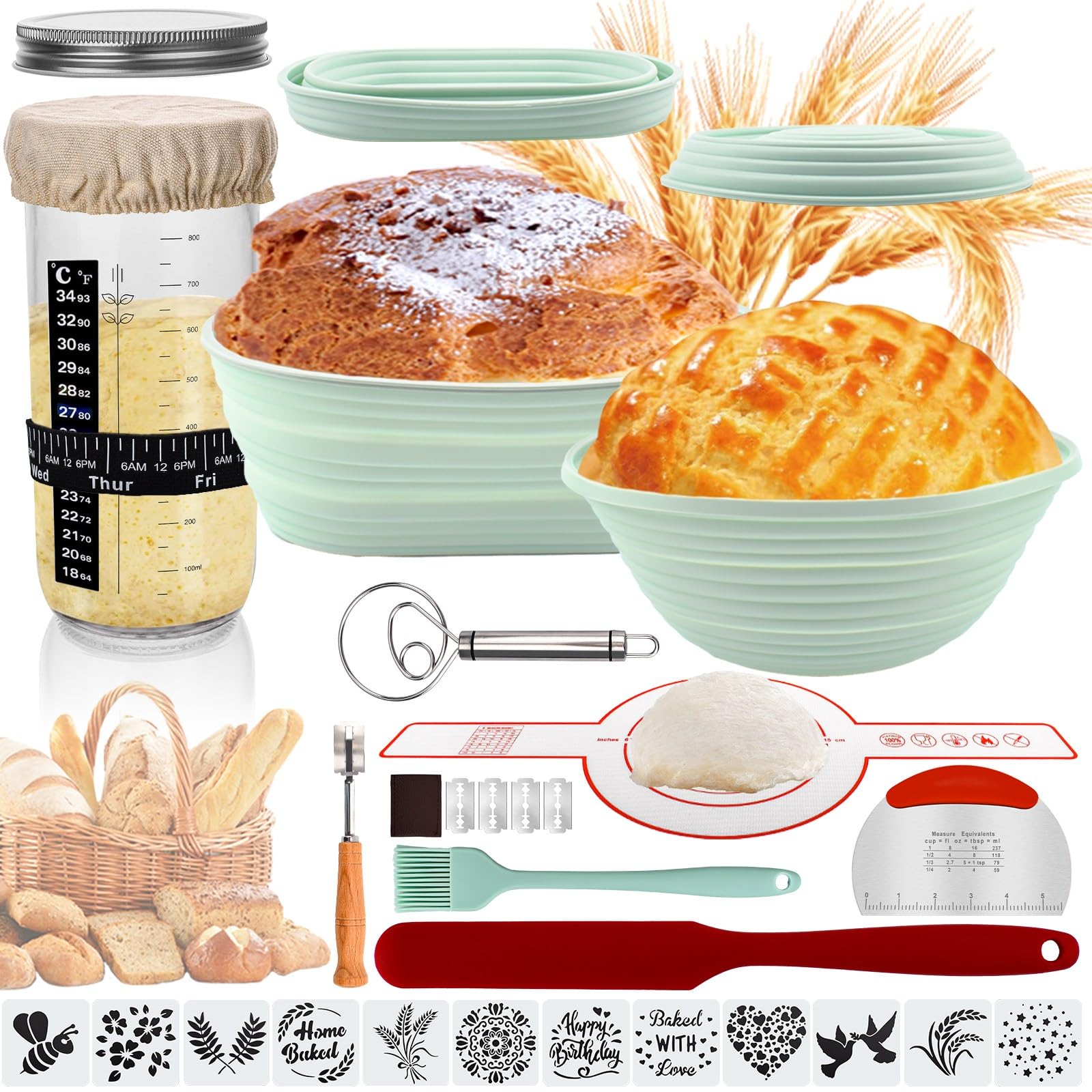 Banneton Bread Proofing Basket & Sourdough Starter Kit - 34oz Glass Jar, 2 Silicone Proofing Bowls, Bread Sling Mat, Dough Whisk & Spatula - Complete Artisan Bread Making Set (Green) for Home Bakers & Sourdough Enthusiasts - Perfect for Rustic Loaves, Baguettes & Homemade Bread