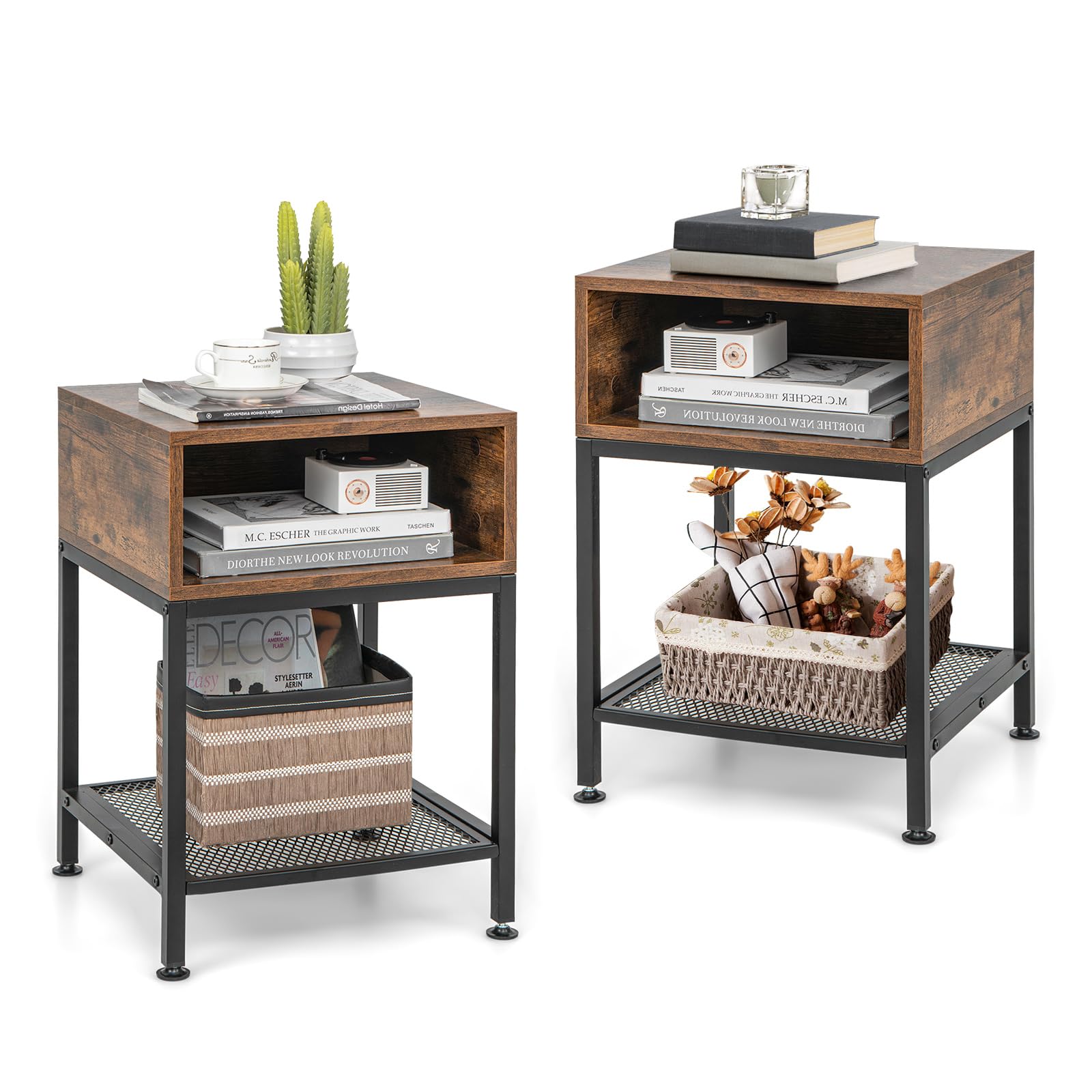 Giantex 2-Tier Industrial End Table Set of 2 - Rustic Brown Metal Frame with Open & Mesh Storage Shelf - Sturdy Nightstand, Living Room Side Table, Home Office Furniture for Small Spaces | Perfect for Bedroom Decor, Living Room Organization & Office Storage Solutions | Ideal for Apartment Living, Dorm Rooms & Studio Spaces | Great for Coffee Table, Reading Nook & Entryway Storage