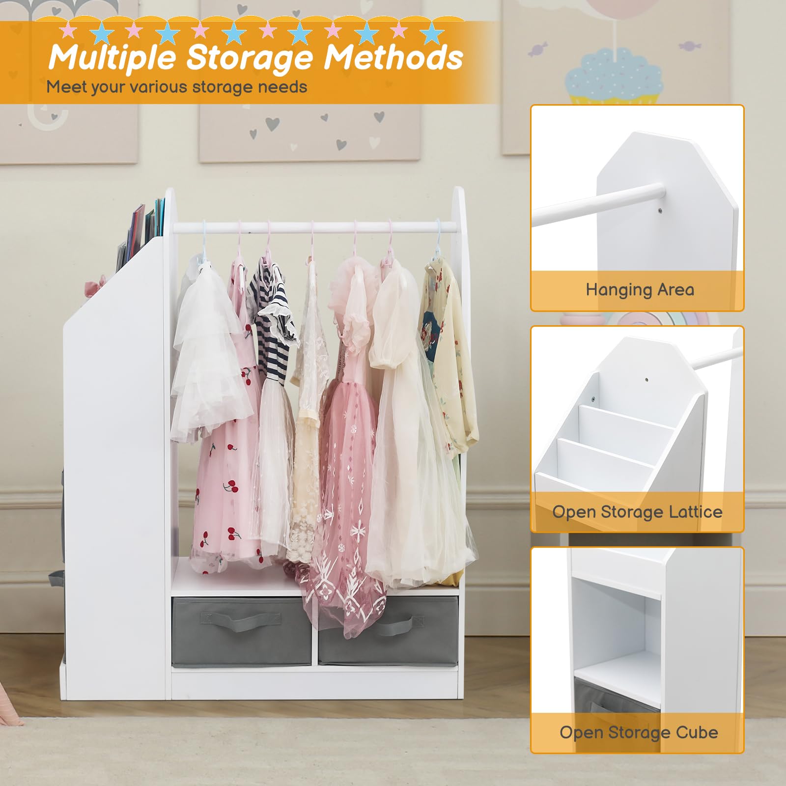 White Kids Play Armoire with Storage Bins & Closet Organizer - Dress Up Costume Wardrobe with Mirror for Girls & Boys Bedroom, Playroom & Nursery Organization