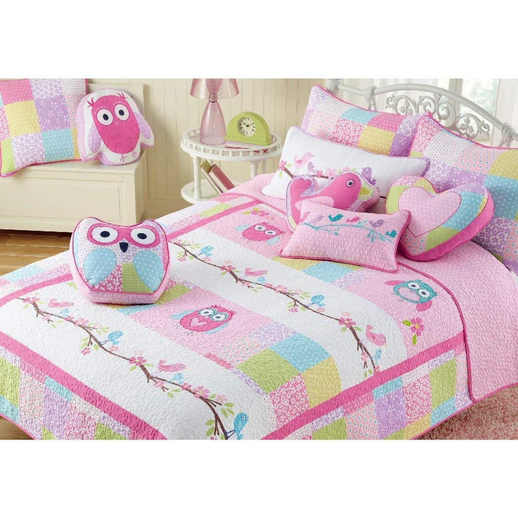 Pink Owl 3-Piece Quilt Bedding Set - 100% Cotton Soft Comforter Cover with Pillow Shams - Full/Queen Size for Girls Bedroom - Cozy Bedroom Decor for Kids & Teens by Finely Stitched Quilt - Perfect for Birthday Gifts & Sleepovers