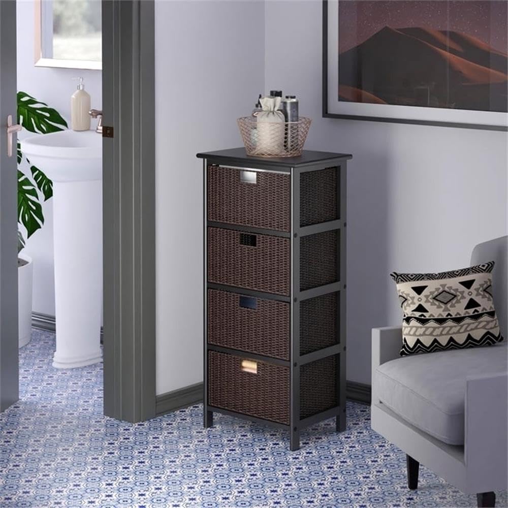 Pemberly Row Solid Wood Storage Rack with 4 Foldable Baskets - Black & Chocolate - Organize Closet, Bathroom, or Nursery - Space Saving Home Decor