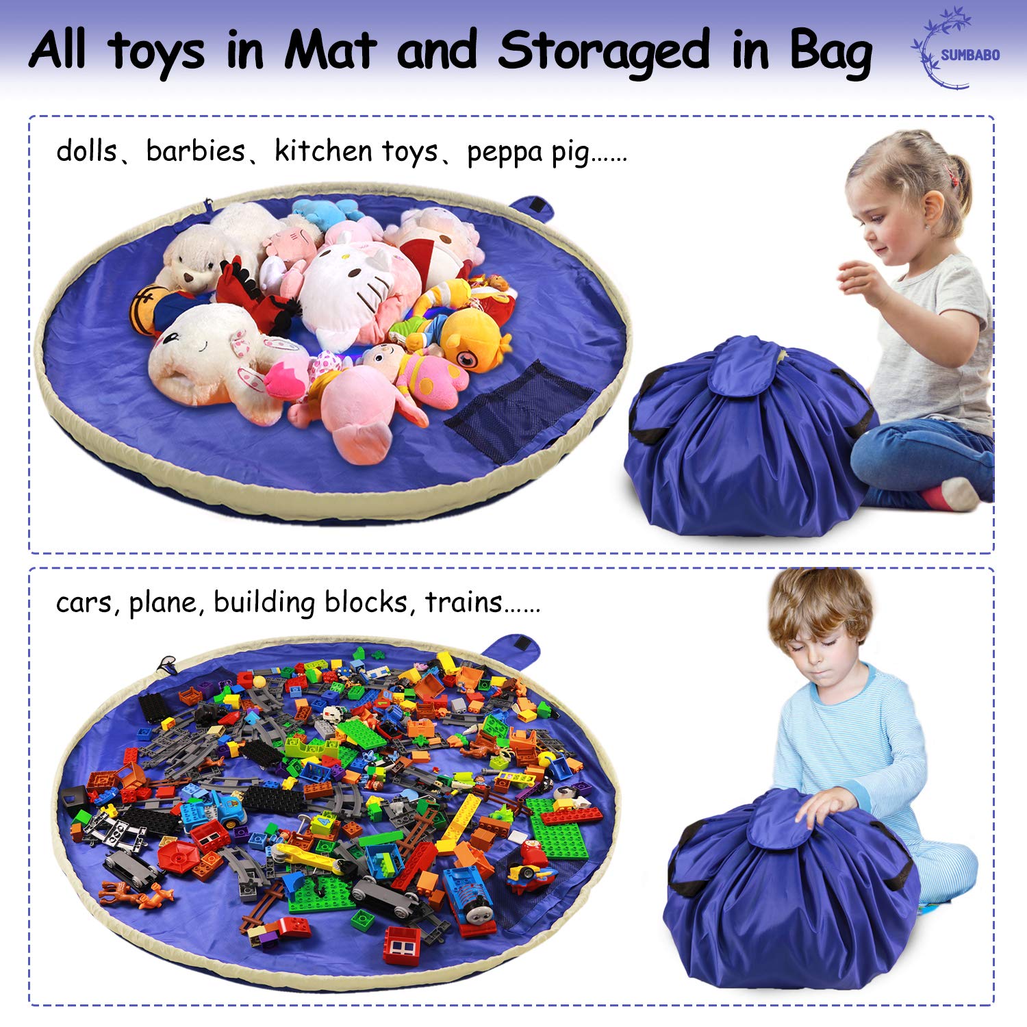 SUMBABO Toy Storage Bag - Play Mat & Organizer for Kids - Travel Gift 2Pcs (Big+Mini) - Perfect for Home & Travel