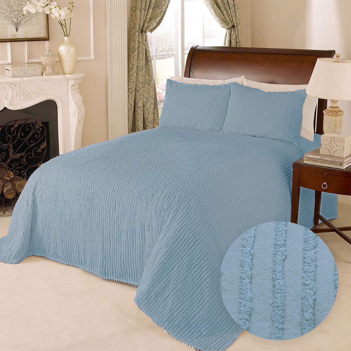 Aubrie Home Accents 100% Cotton Tufted Chenille Stripe Textured Twin Bedspread - Lightweight Bedding Coverlet in Blue - Perfect for Guest Rooms, Dormitories & Cozy Bedroom Decor