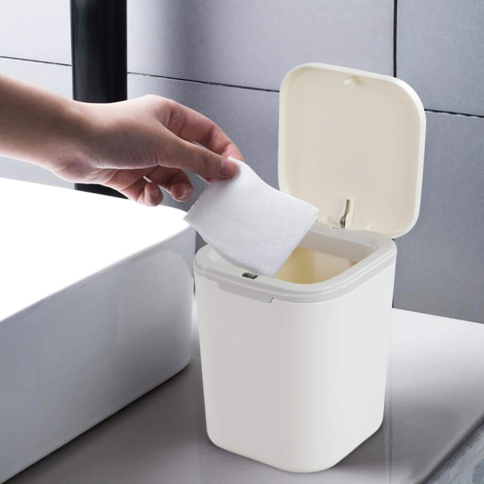 0.5 Gallon Plastic Mini Push-Button Garbage Can - 2L Small Trash Bin for Office Desk, Bathroom, Bedroom, Kitchen - Compact White Wastebasket for Home & Office Use