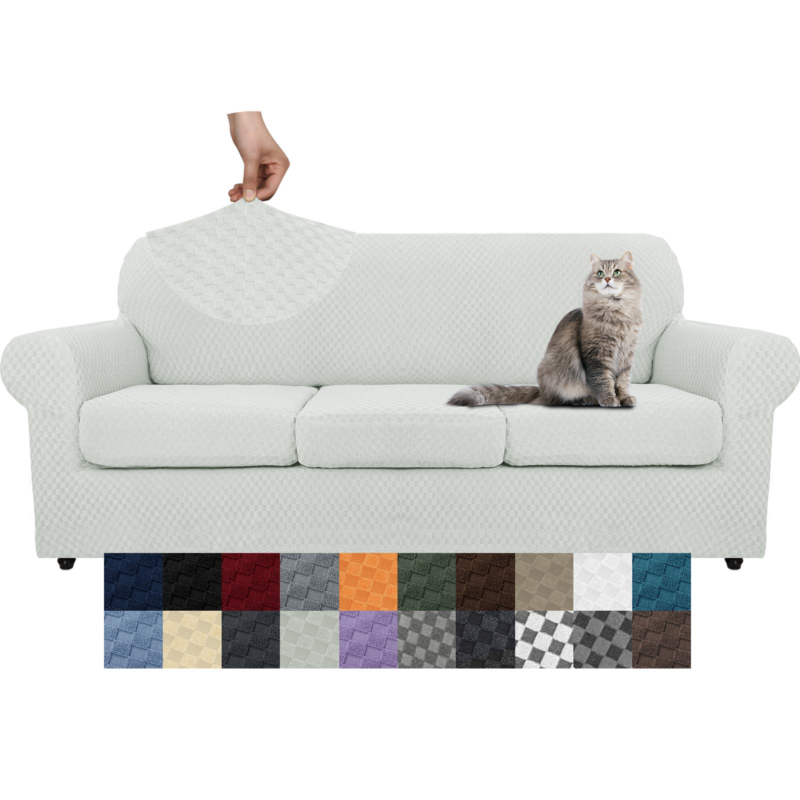 YEMYHOM 4-Piece Checkered Stretch Sofa Slipcover for 3-Cushion Couch - Thickened Pet-Friendly Furniture Protector with High Elasticity (Ivory, 71