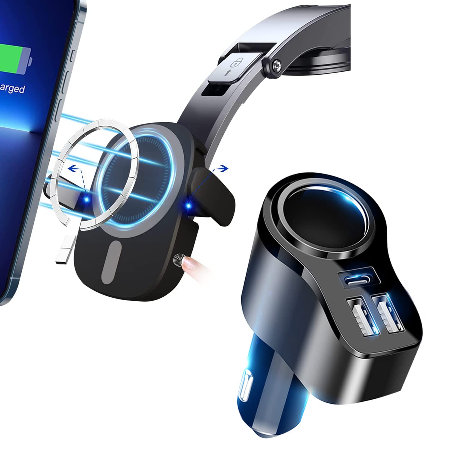 IDOLCO 15W Magnetic Wireless Car Charger & 36W PD3.0 Fast USB Car Charger - 4-in-1 Multi-Port Cigarette Lighter Adapter for iPhone 13/12 | Perfect for Road Trips, Commuting & Family Travel