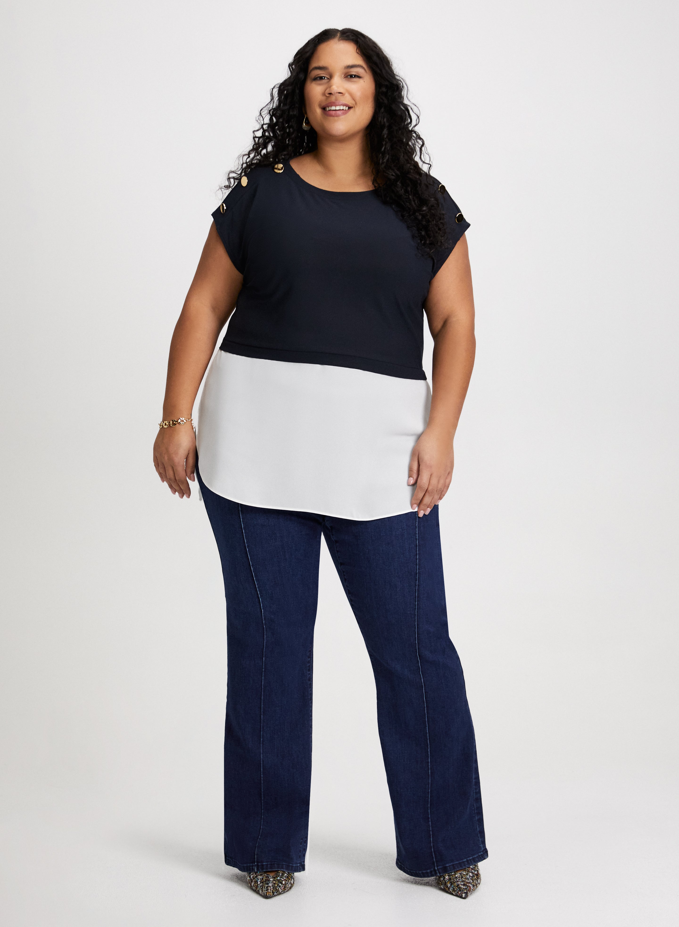 Stylish Color Block Blouse with Decorative Buttons & Comfortable Pull-On Bootcut Jeans for Women | Casual Outfit for Work, Date Night & Weekend Wear