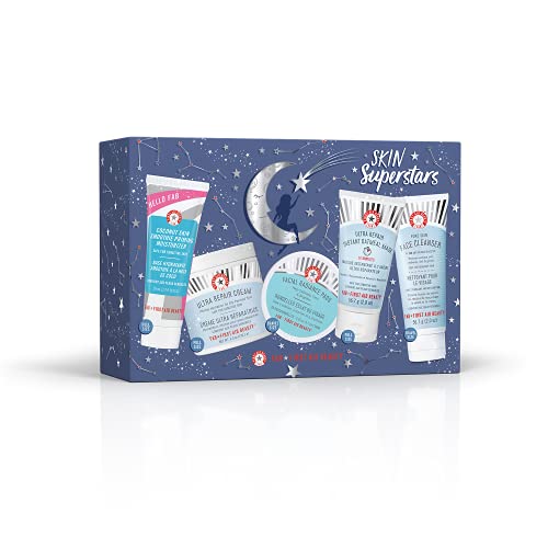 First Aid Beauty Skin Superstars Gift Set - Facial Radiance Pads, Ultra Repair Oatmeal Mask, Pure Skin Cleanser, Coconut Priming Moisturizer & Repair Cream | Skincare Routine Essentials for Dry, Sensitive Skin | Perfect for Daily Use, Travel & Gifting