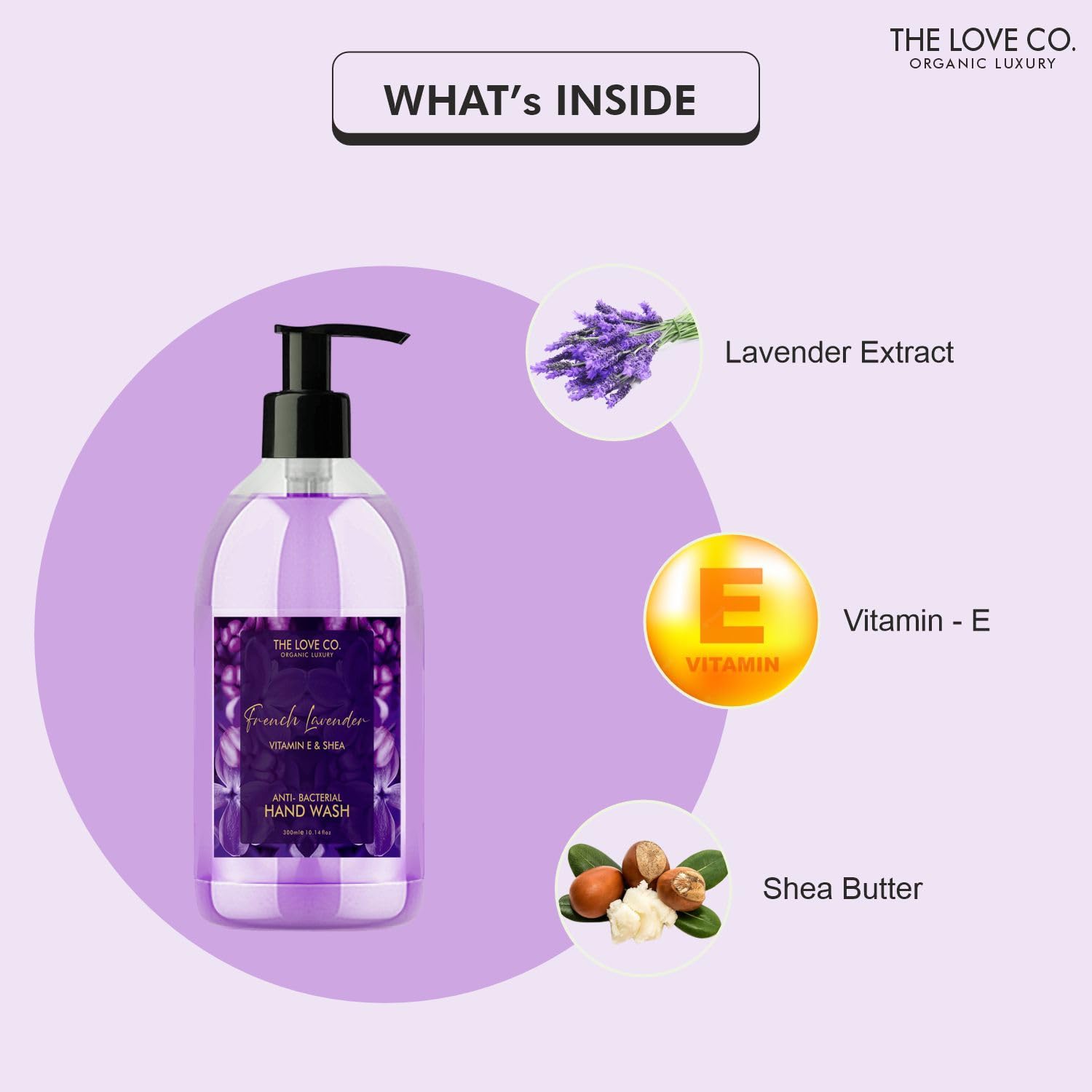 The Love Co. Moisturizing & Gentle Hand Wash for Soft Skin - 300ml Lavender Scented Hand Soap - Perfect for Bathroom, Kitchen & Guest Use