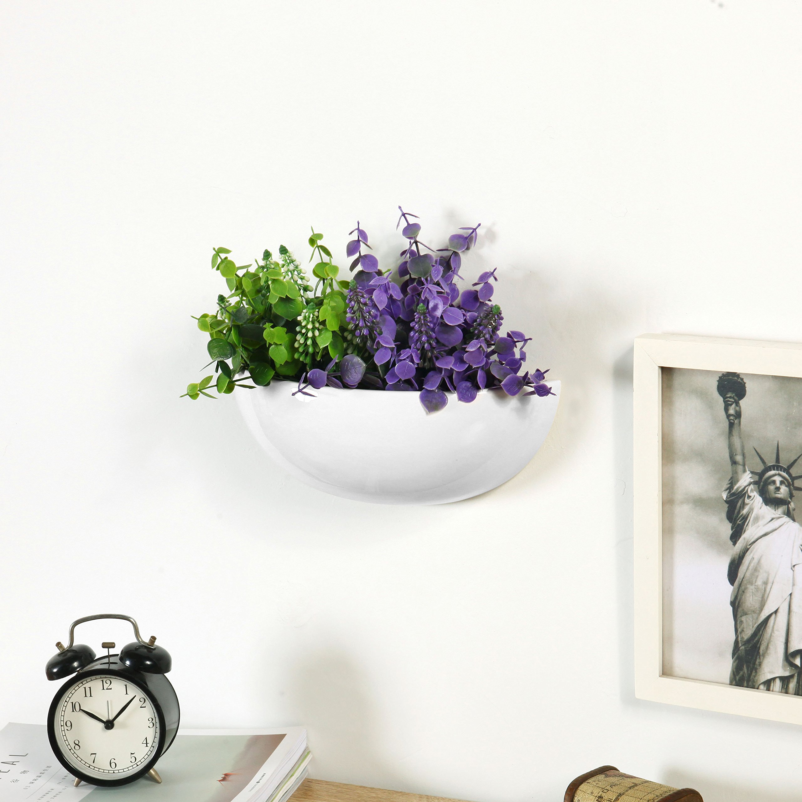 MyGift Set of 2 White Ceramic Hanging Wall Planters - Indoor Succulent & Herb Planters with Half Bowl Design | Perfect for Kitchen, Bathroom Decor & Small Space Gardening