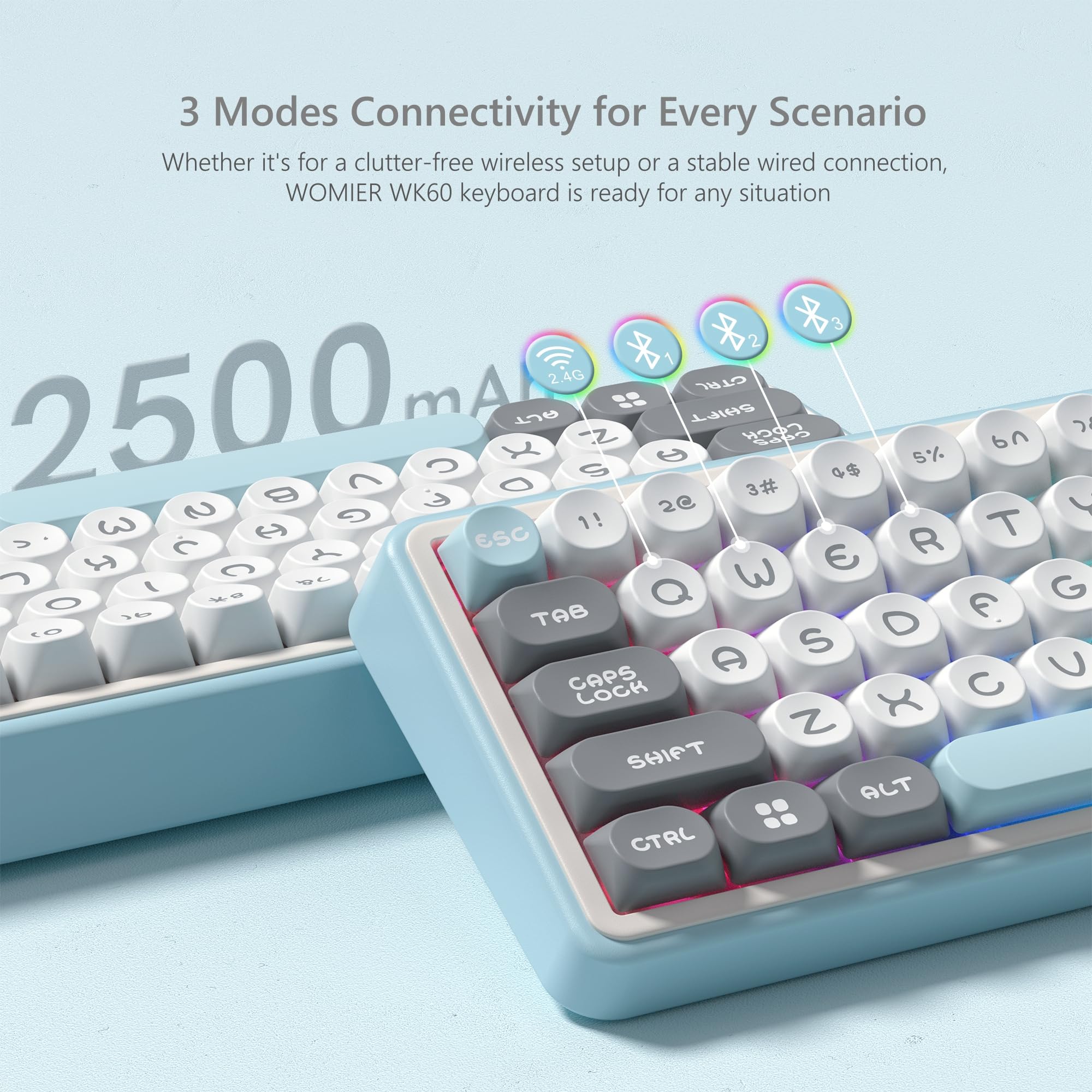 Womier WK60 Wireless Mechanical Gaming Keyboard - Hot Swappable, RGB Backlit, Bluetooth/2.4GHz/USB-C for PC Gaming