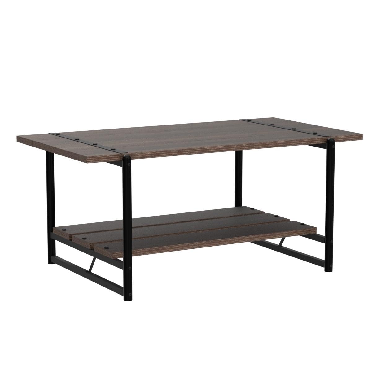 2-Tier Farmhouse 41'' Large Gray Wood Coffee Table with Storage Shelf - Modern Rustic Metal Rectangle Center Table for Living Room, Home Office - Easy Assembly (Walnut Brown) - Perfect for Small Spaces, Family Gatherings & Cozy Home Decor