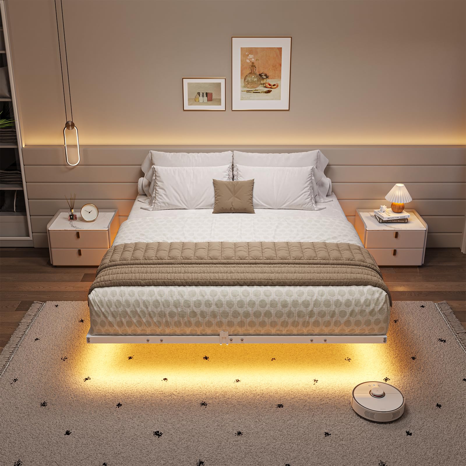 Hasuit Floating Queen Bed Frame with LED Lights - Metal Platform Bed, No Box Spring Needed, Easy Assembly - Perfect for Modern Bedrooms, Guest Rooms & Small Spaces