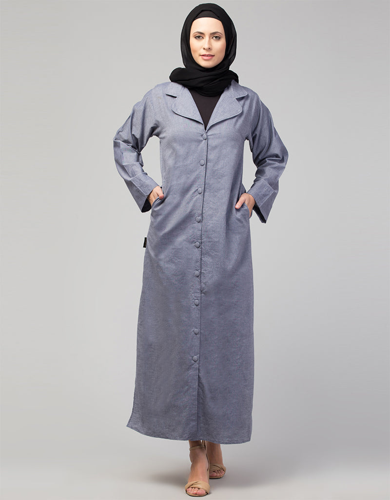 Sky Blue Arabic Abaya with Self-Fabric Buttons & Coat Collar - Modest Islamic Dress for Prayer, Mosque & Special Occasions