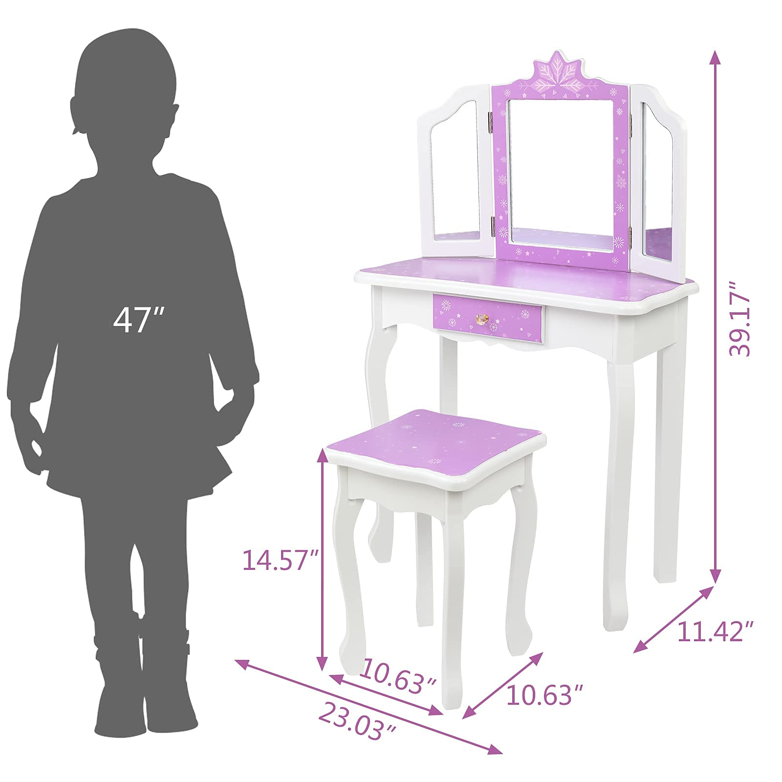 **Princess Vanity Set for Girls Ages 3-9 – Kids Makeup Dressing Table with Stool, Tri-Folding Mirror & Drawer – 2-in-1 Toddler Vanity (Purple) – Perfect for Pretend Play, Birthday Gifts & Bedroom Decor**