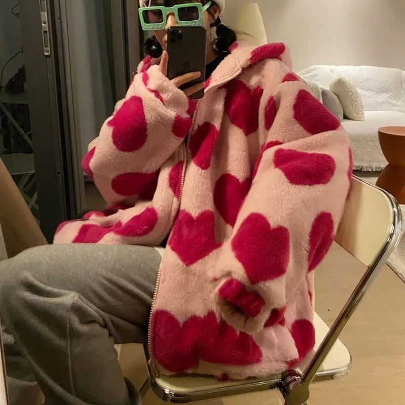 Harajuku Heart Print Plush Jacket for Women - Winter 2022 Korean Style Long Sleeve Hooded Coat, Thick Warm Couple Streetwear Outerwear - Perfect for Dating, Street Fashion & Cold Weather Outfits