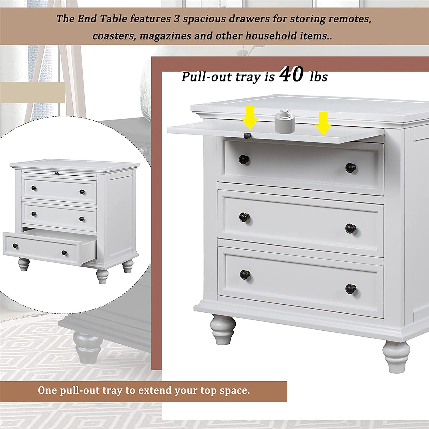 3 Drawer Nightstand with Pull-Out Tray - White Wood Bedside Table with 3 Drawers - Fully Assembled Dresser for Bedroom & Living Room - Perfect as End Table, Nightstand or Storage Solution