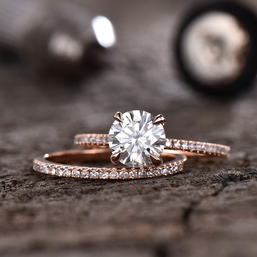 Moissanite Engagement Ring 14K Rose Gold - 7mm Round Solitaire Diamond Basket Half Eternity Wedding Band Bridal Set (D-E-F Color) | Perfect for Proposals, Anniversaries & Special Occasions
