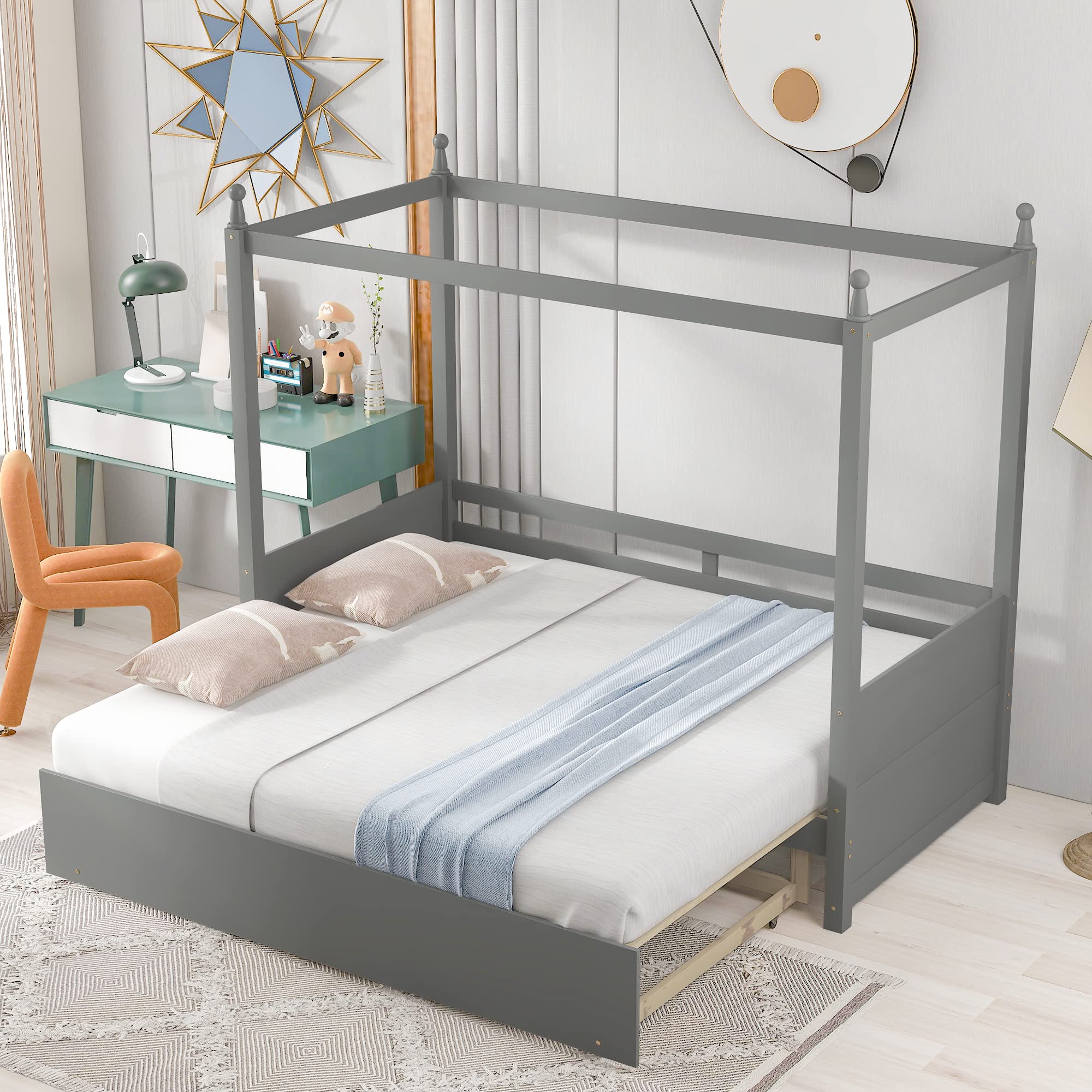 Twin Size Wood Canopy Platform Bed Frame with Pull-Out Trundle - Four Poster Canopied Bed for Kids & Teens | Perfect for Small Bedrooms, Guest Rooms & Sleepovers