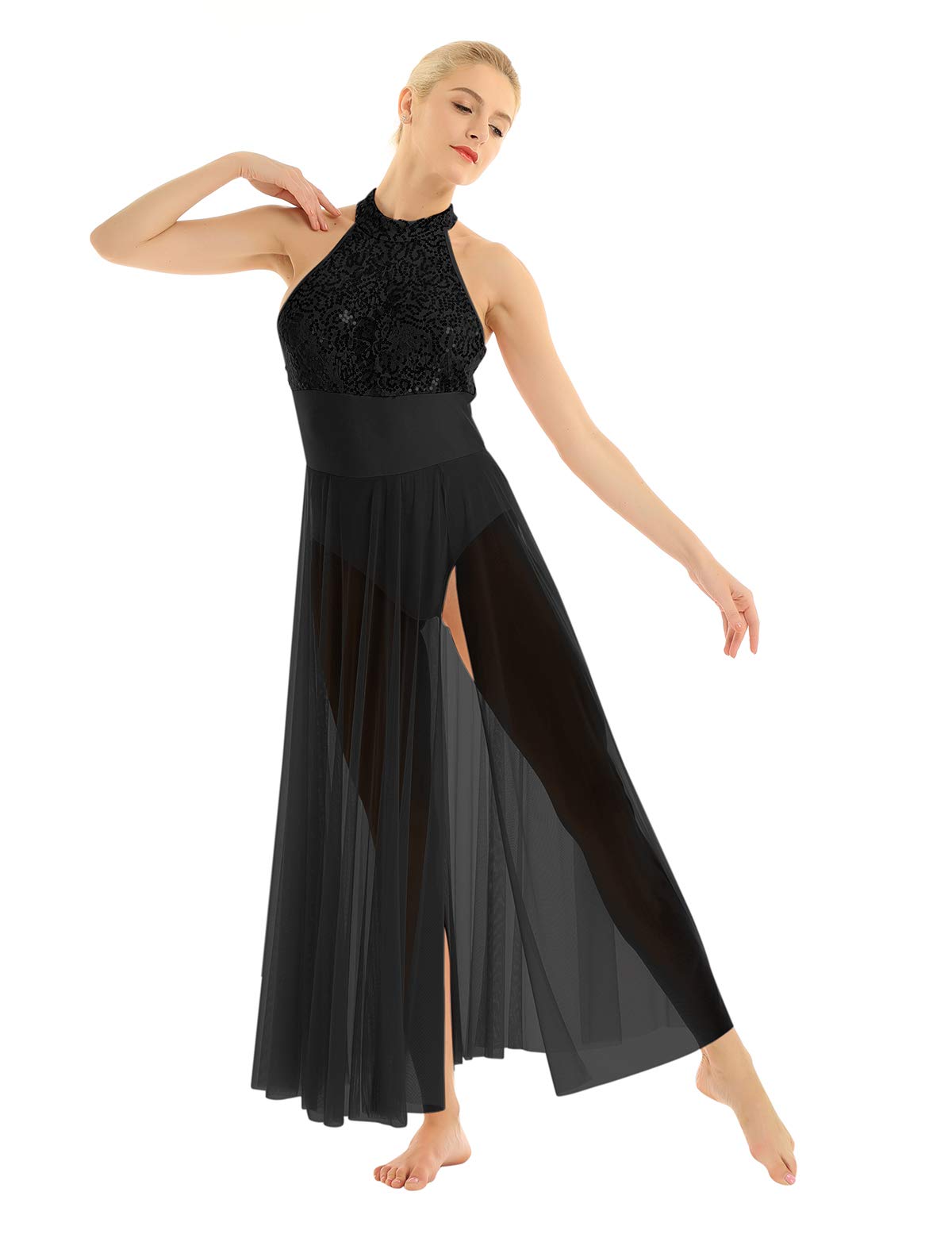 Elegant Women's Contemporary Dance Costume - Halter Neck Sequined Mesh Tulle Overlay Lyrical Dance Dress for Performances & Competitions | Perfect for Stage Shows, Ballet Recitals & Theatrical Performances