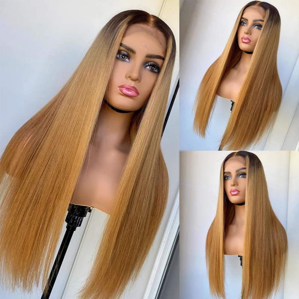 Ombre Lace Front Human Hair Wigs Blonde Strawberry 13x4 Frontal Lace Wigs - 14 Inch 150% Density Pre Plucked with Baby Hair, #613 Straight Lace Front Wig for Women with Dark Roots | Perfect for Daily Wear, Cosplay, and Special Occasions