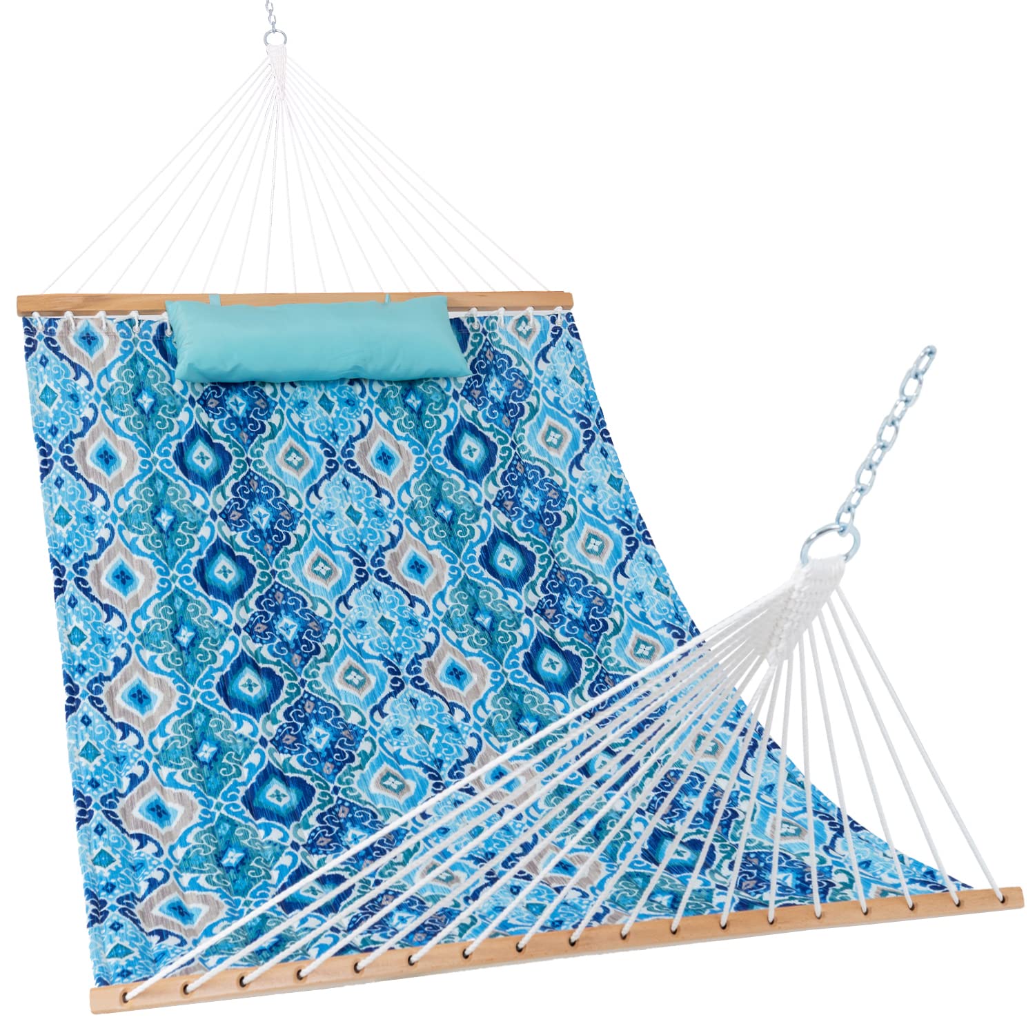 Lazy Daze 12FT Double Hammock with Pillow - 2 Person Quilted Fabric Hammock with Spreader Bar for Outdoor, Patio, Garden, Yard, Pool & Beach - Perfect for Relaxing, Camping, and Backyard Lounging