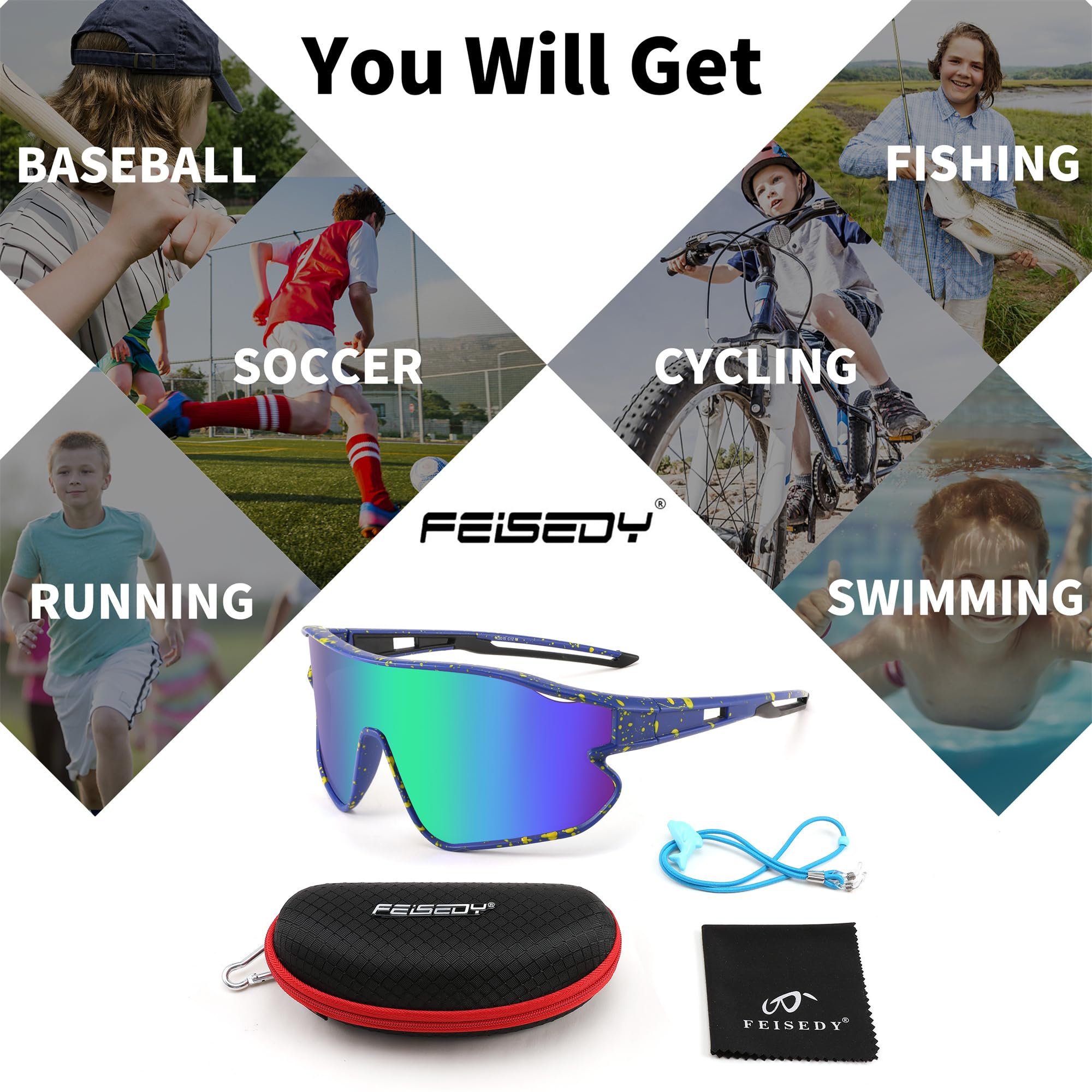 FEISEDY Unisex Youth Sunglasses UV400 Protection - Baseball Tennis Cycling Sports Shades for Boys & Girls - Perfect for Outdoor Activities, Beach, and Driving B4064