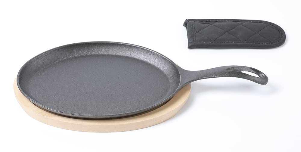 HAWOK Pre-Seasoned Cast Iron Fajita Plate Sizzler Pan Set with Wooden Tray & Handle Holder - 12 Inch Skillet with Wooden Base & Cover - Perfect for Sizzling Fajitas, Steaks & Sizzling Platter Dishes at Home or Restaurant